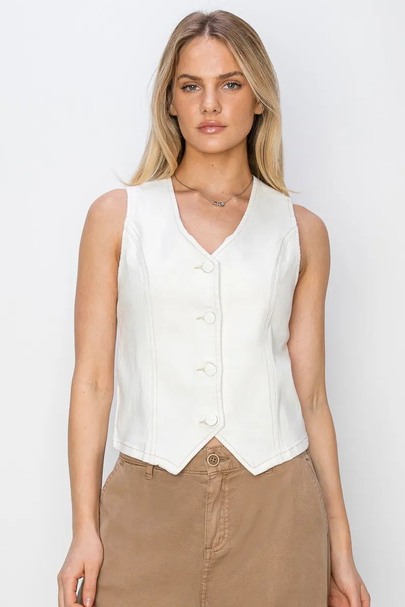 RISEN V Neck Button Down Vest White