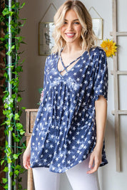 Heimish Short Sleeve Crisscross Star Babydoll Top | Tops Daverri Fashions