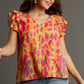 Umgee Full Size Abstract Print V-Neck Double Layer Ruffle Sleeve Blouse Plus Size Blouses