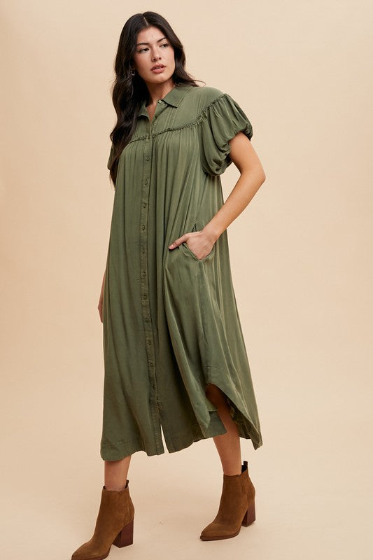 Annie Wear Mineral Washed Button Down Puff Sleeve Shirt Dress Tops