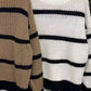 Cozy plus size striped mock neck knit sweater in beige and black