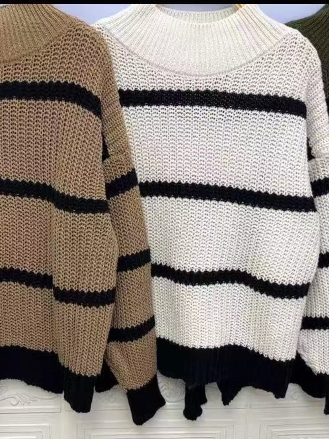 Cozy plus size striped mock neck knit sweater in beige and black
