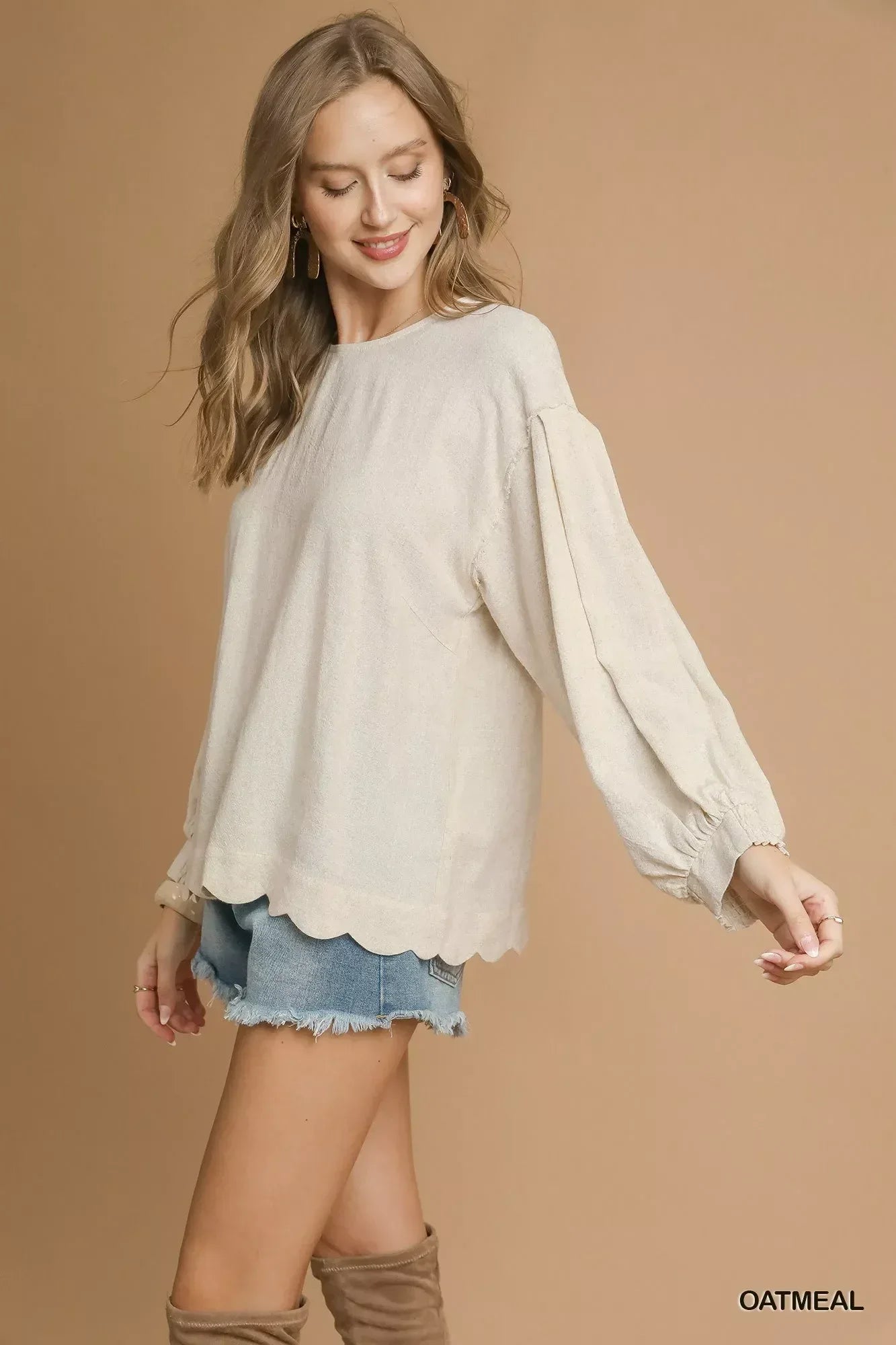 Umgee Linen Scallop Hem Long Sleeve Blouse - DAVERRI FASHIONS