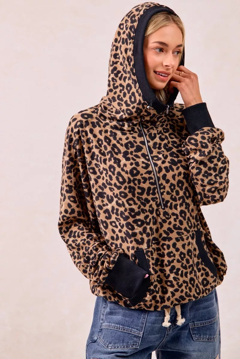 BiBi Leopard Print Waffle Half Zip Up Hoodie W Pocket | Daverri Fashions