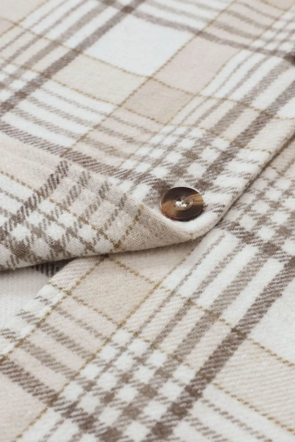 Daverri Plaid cream and taupe wool shacket with gold buttons