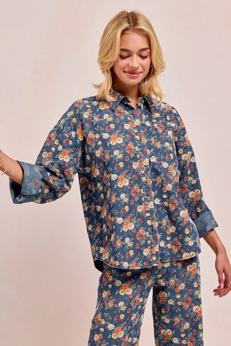 BiBi Washed Floral Print Denim Jacket Shackets
