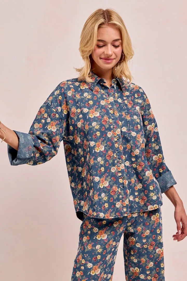 BiBi Washed Floral Print Denim Jacket Shackets