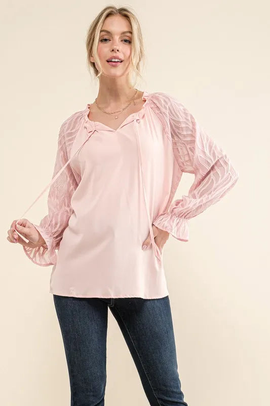 And The Why Leaves Shape Textured Sleeve Blouse Blouses