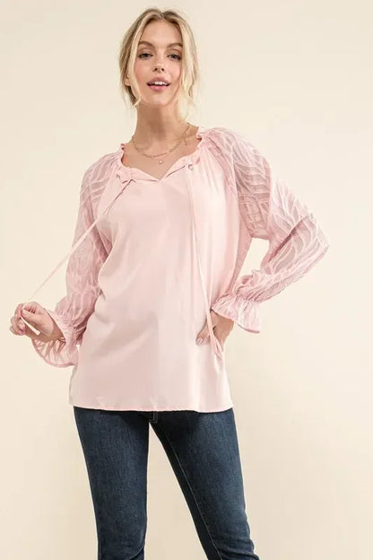 And The Why Leaves Shape Textured Sleeve Blouse - DAVERRI FASHIONS