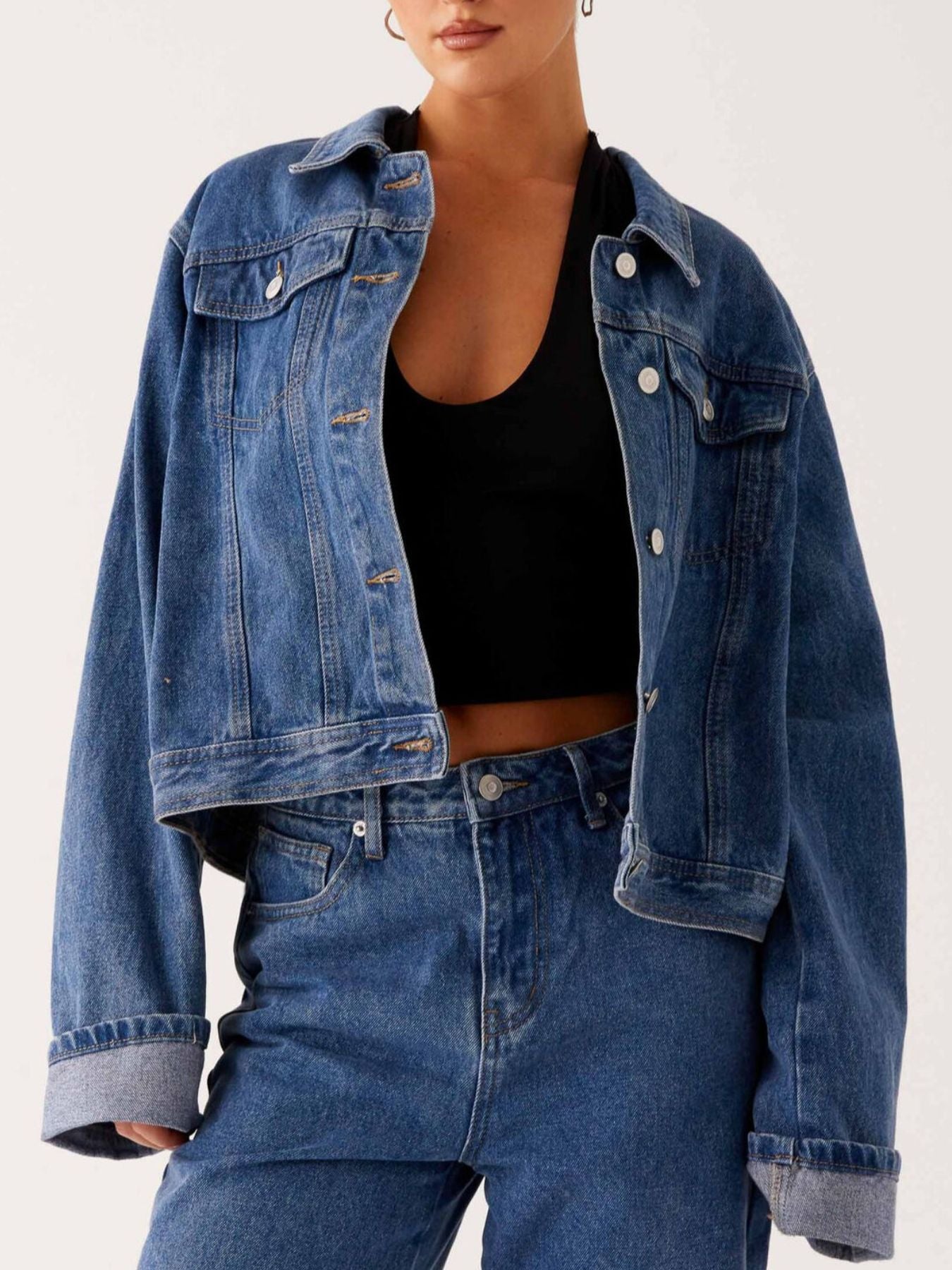Daverri button down cropped oversized denim jacket in blue with rolled cuffs