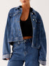 Daverri button down cropped oversized denim jacket in blue with rolled cuffs