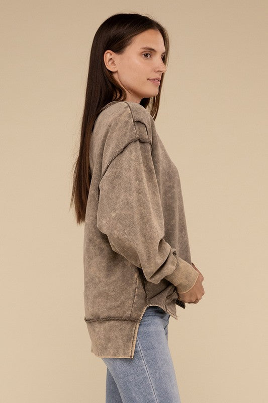 Acid Wash French Terry Exposed-Seam Sweatshirt Tops