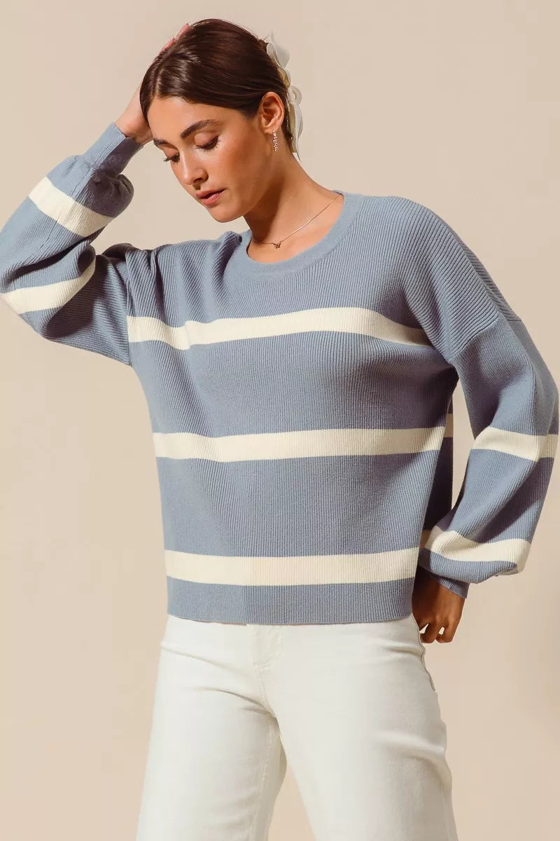 SO ME ribbed striped round neck sweater in blue and white