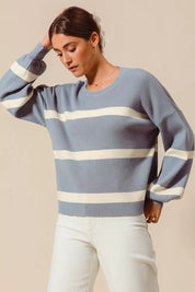SO ME ribbed striped round neck sweater in blue and white
