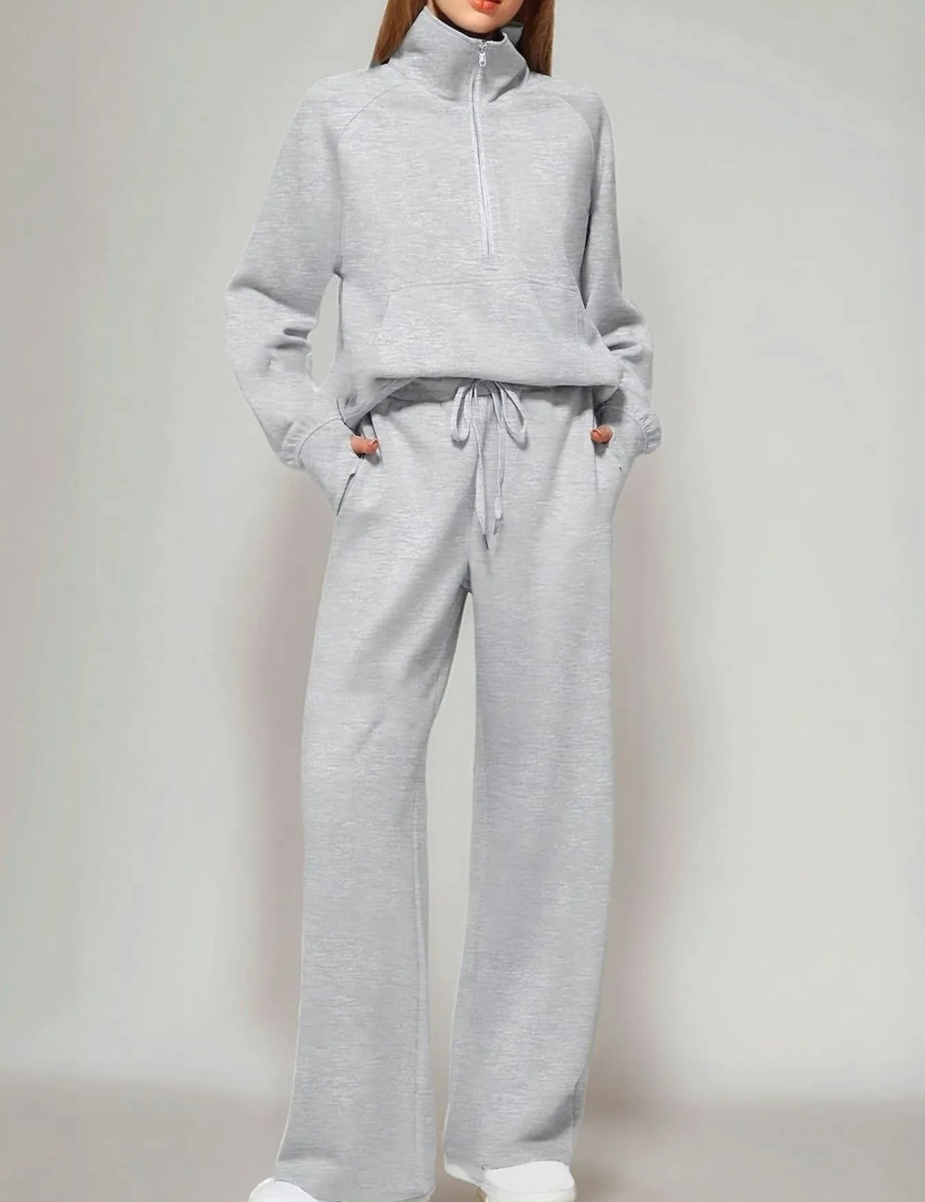 Light Gray Half Zip Long Sleeve Top and Pants Set | Loungewear Sets Daverri Fashions