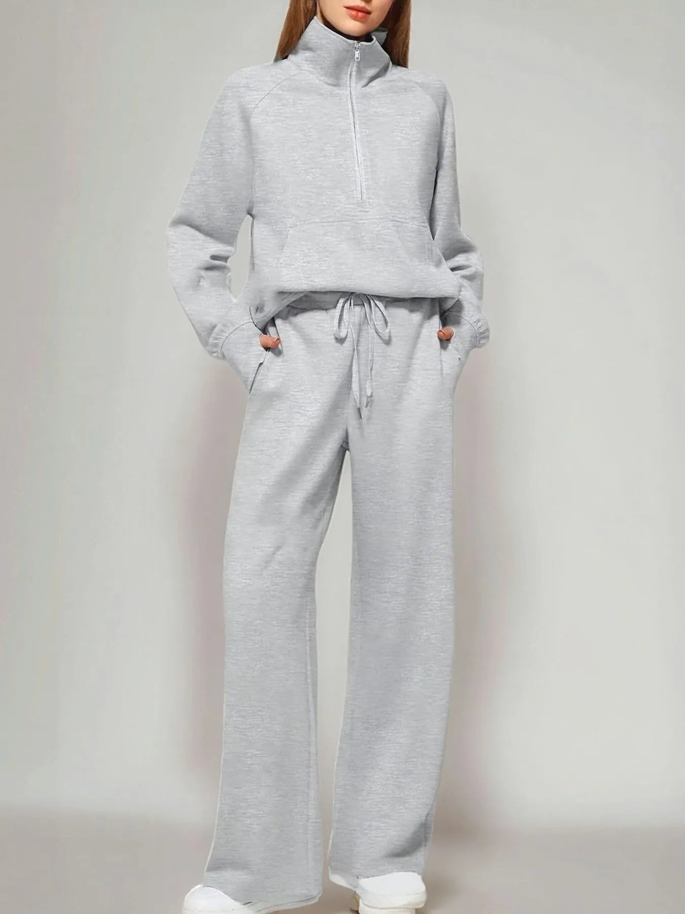 Light Gray Half Zip Long Sleeve Top and Pants Set | Loungewear Sets Daverri Fashions