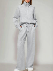 Light Gray Half Zip Long Sleeve Top and Pants Set | Loungewear Sets Daverri Fashions