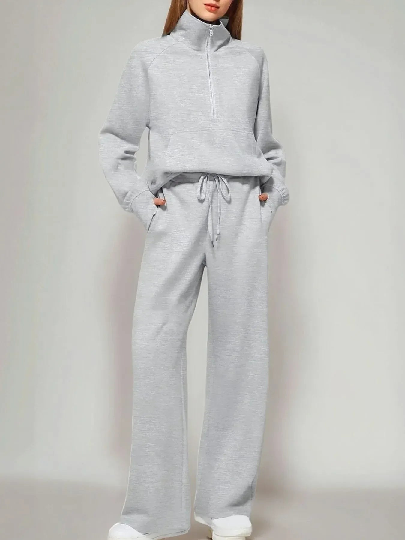 Half Zip Long Sleeve Top and Pants Set - DAVERRI FASHIONS