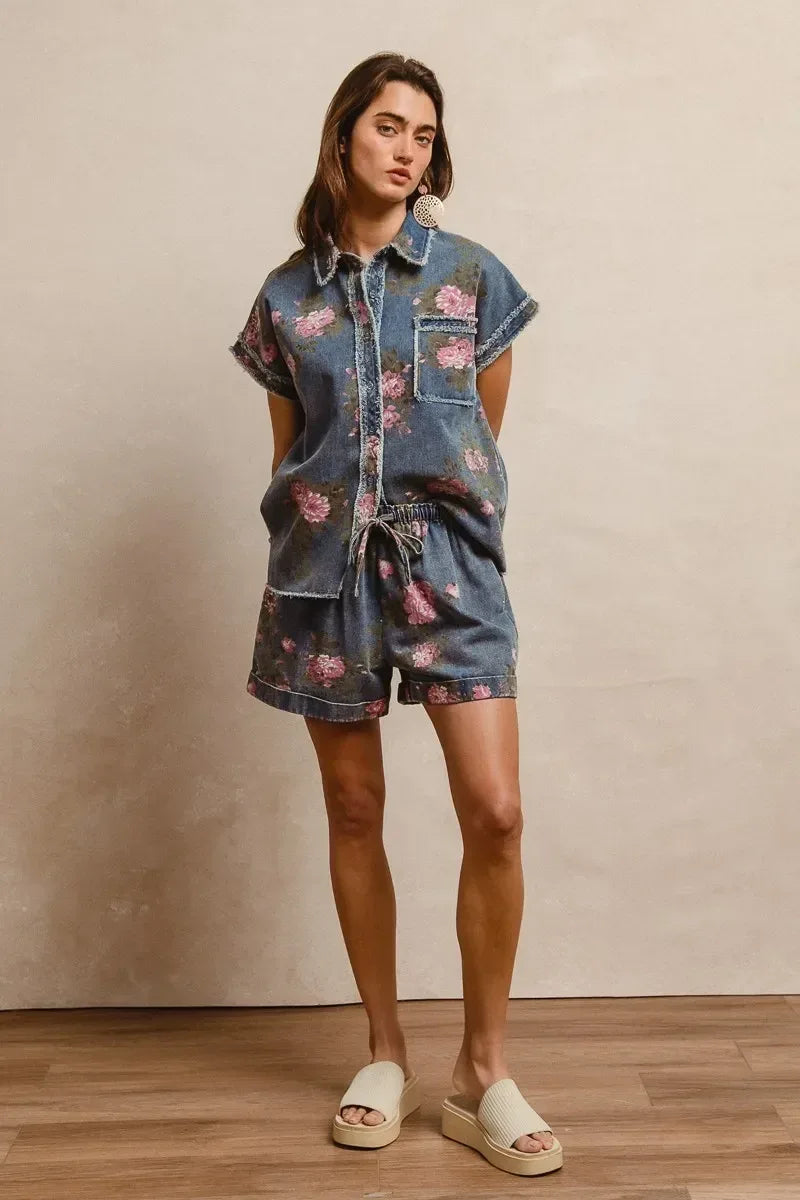 BiBi Floral Printed Denim Short Pants With Pocket - DAVERRI FASHIONS