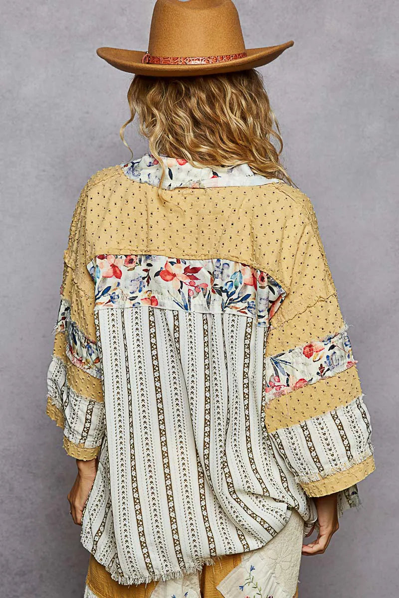 POL Raw Edge Open Front Patchwork Cardigan with Floral Trim Cardigans