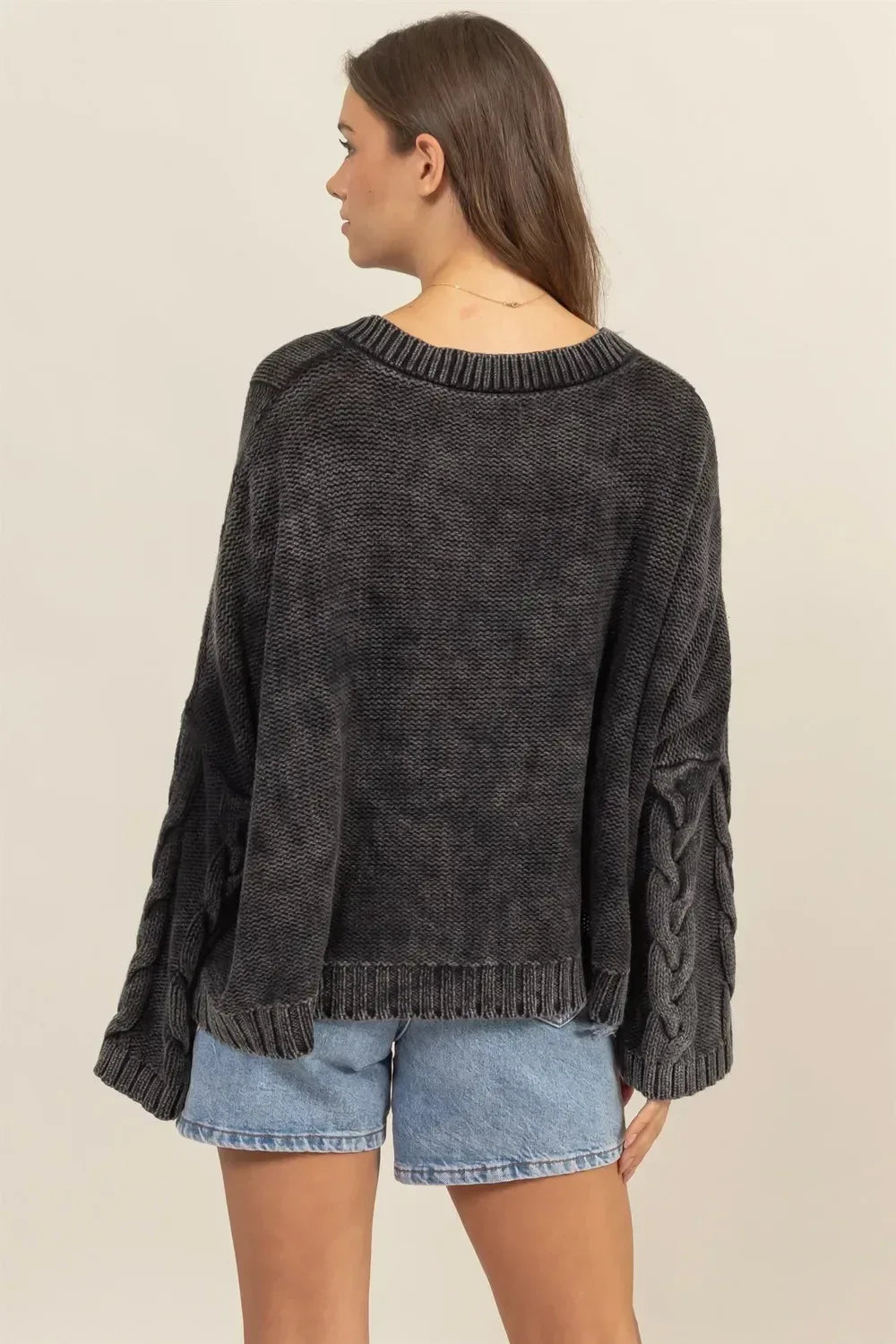 HYFVE Cable Knit V-Neck Dropped Shoulder Oversized Sweater - DAVERRI FASHIONS