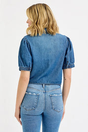 RISEN Button Down Puff Sleeve Crop Denim Shirt | Tops Daverri Fashions