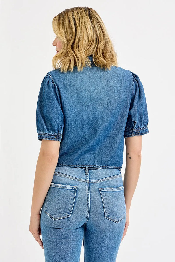 RISEN Button Down Puff Sleeve Crop Denim Shirt Tops