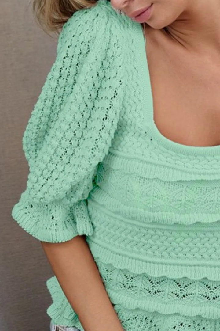 BiBi Square Neckline with Puff Sleeve Crochet Top Tops