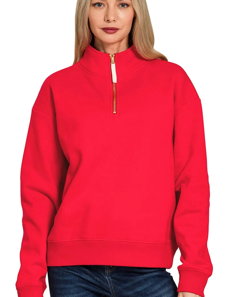 Zenana Fleece Half Zip Sweatshirt Ruby | Sweatshirts Daverri Fashions