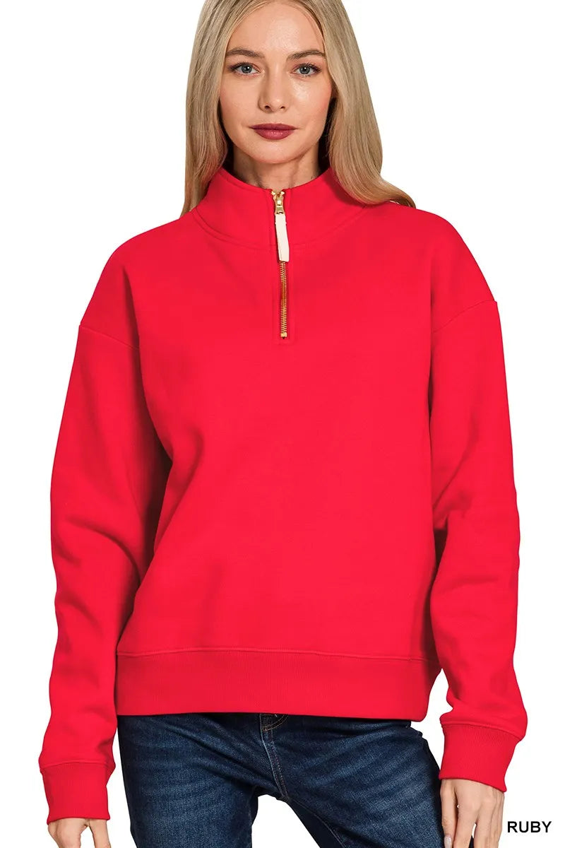 Zenana Fleece Half Zip Sweatshirt Ruby | Sweatshirts Daverri Fashions