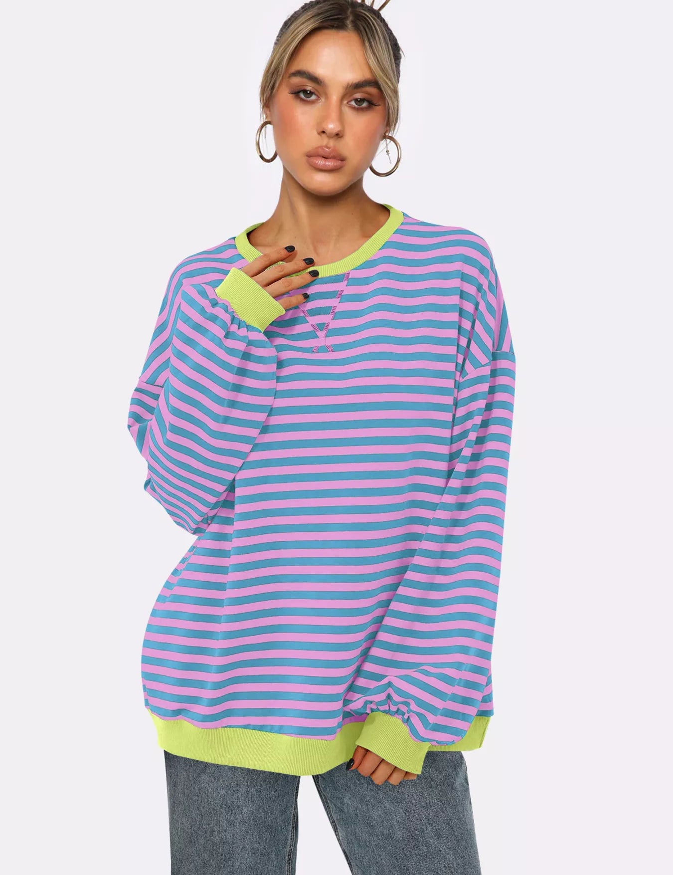 Striped Round Neck Long Sleeve Sweatshirt | Sweatshirts Daverri Fashions