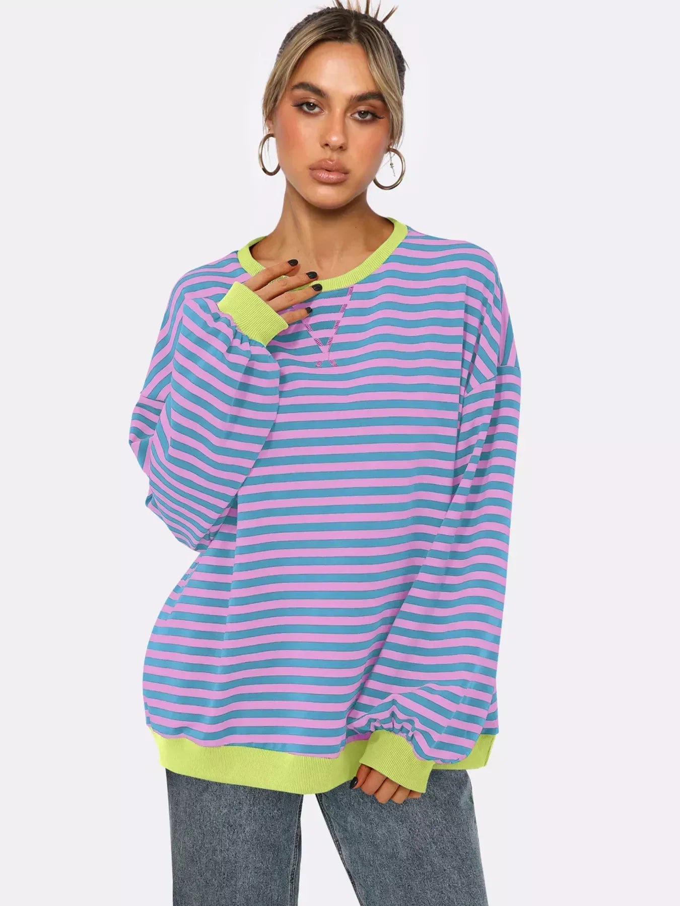 Striped Round Neck Long Sleeve Sweatshirt - DAVERRI FASHIONS