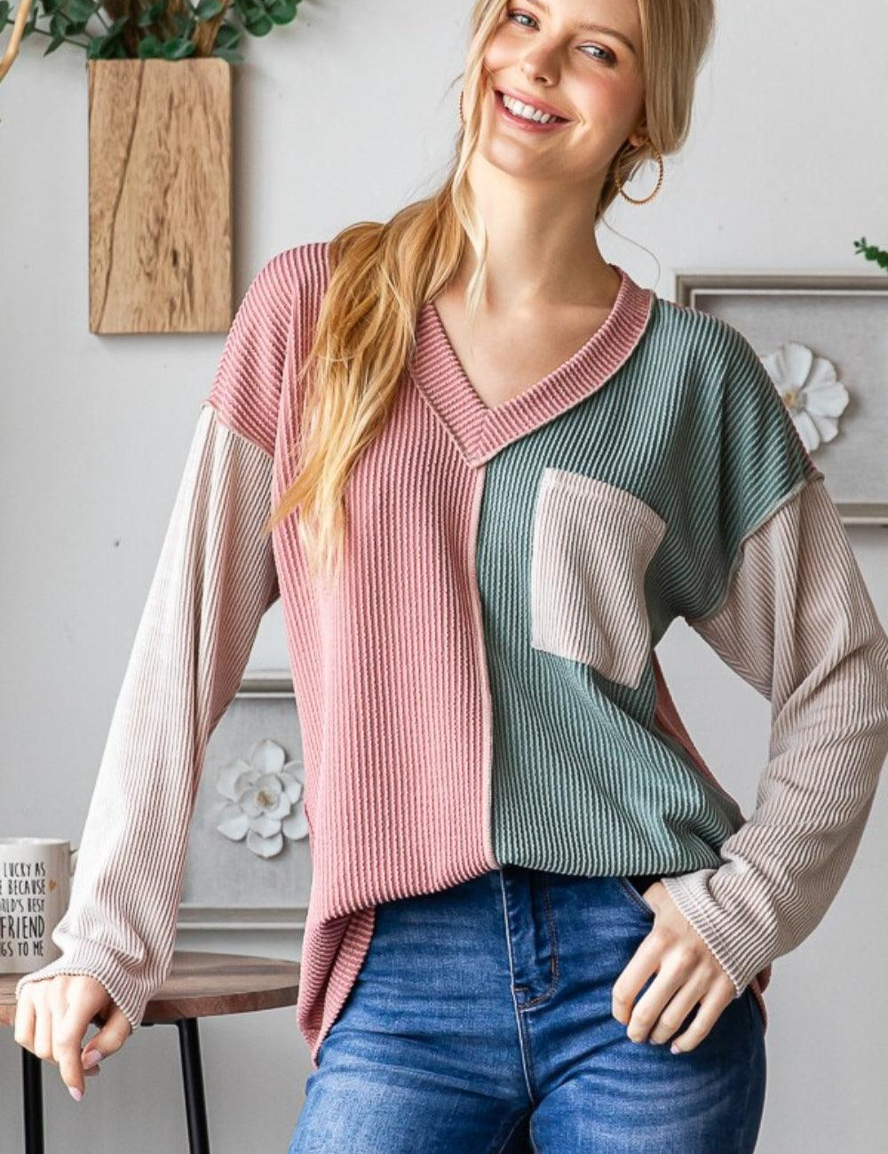 Mauve Heimish Color Block Exposed Seam Ribbed T-Shirt | Daverri Fashions