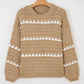 Womens contrast detail textured knit puff sleeve baggy sweater with tan and white triangles