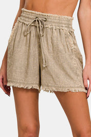 Zenana Washed Linen Frayed Hem Drawstring Shorts | Shorts Daverri Fashions