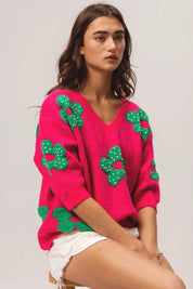 BiBi Pearl Beads Flowers Sweater Top | Sweaters Daverri Fashions