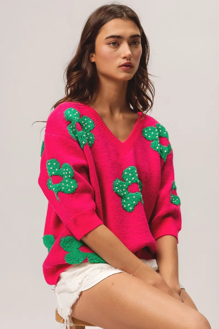BiBi Pearl Beads Flowers Sweater Top Sweaters