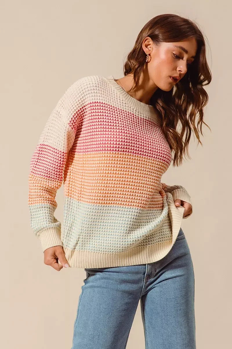 SO ME Multi Color Block Long Sleeve Sweater - DAVERRI FASHIONS