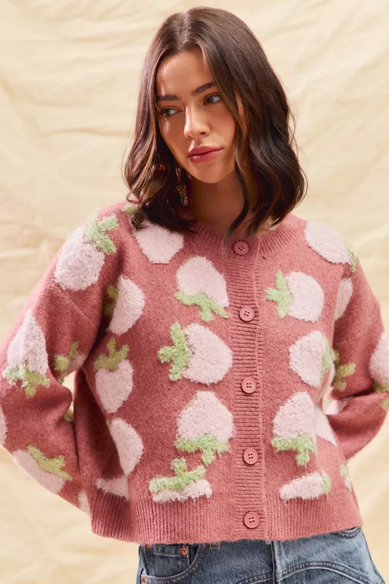 SO ME Strawberry Fruit All Over Button Sweater Cardigan | Cardigans Daverri Fashions
