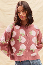 SO ME Strawberry Fruit All Over Button Sweater Cardigan | Cardigans Daverri Fashions