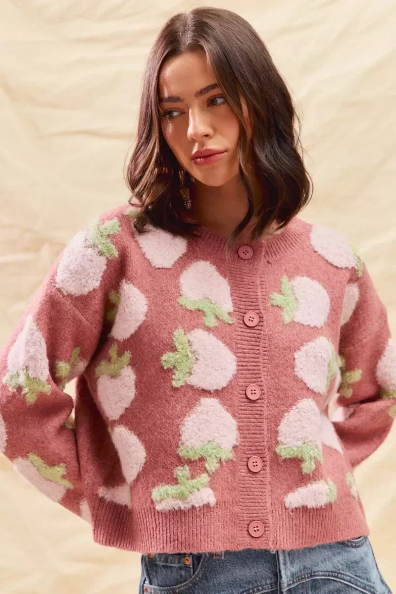 SO ME Strawberry Fruit All Over Button Sweater Cardigan - DAVERRI FASHIONS