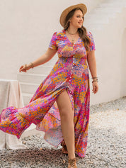 Plus Size Printed V-Neck Short Sleeve Maxi Dress | Maxi Dresses Daverri Fashions