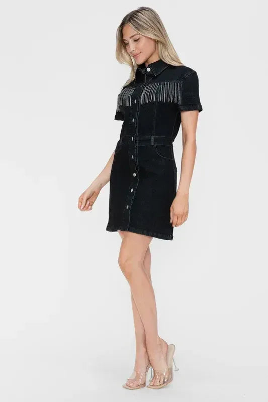 bytos Full Size Embellished Button Down Short Sleeve Denim Dress - DAVERRI FASHIONS