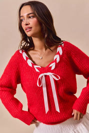 SO ME Satin Tape Braided Ribbon Tie V Neck Sweater | Sweaters Daverri Fashions