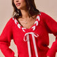 SO ME Satin Tape Braided Ribbon Tie V Neck Sweater - DAVERRI FASHIONS