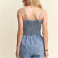 ADORA Smocked Spaghetti Strap Denim Romper Rompers