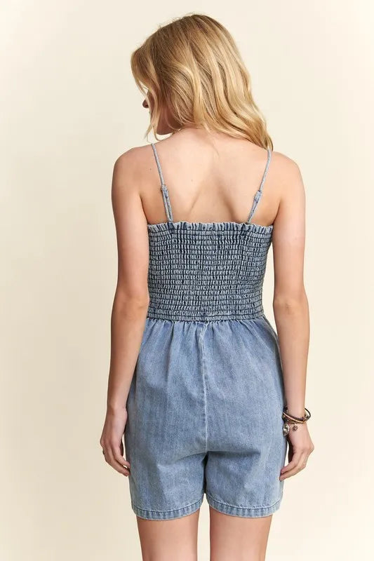 ADORA Smocked Spaghetti Strap Denim Romper Rompers