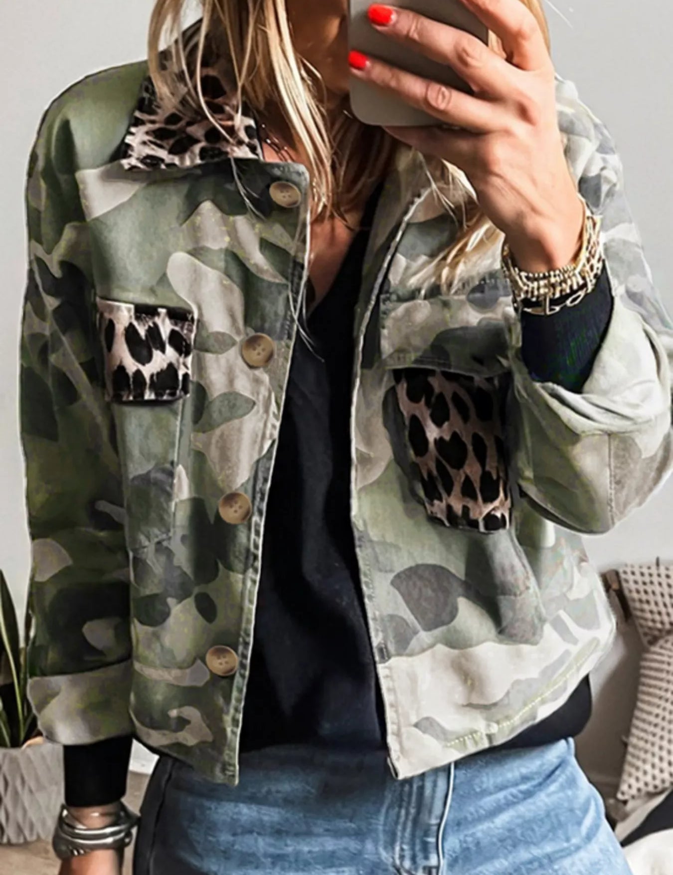 Green Camouflage Camo Print Leopard Trim Button Up Jacket | Jackets Daverri Fashions