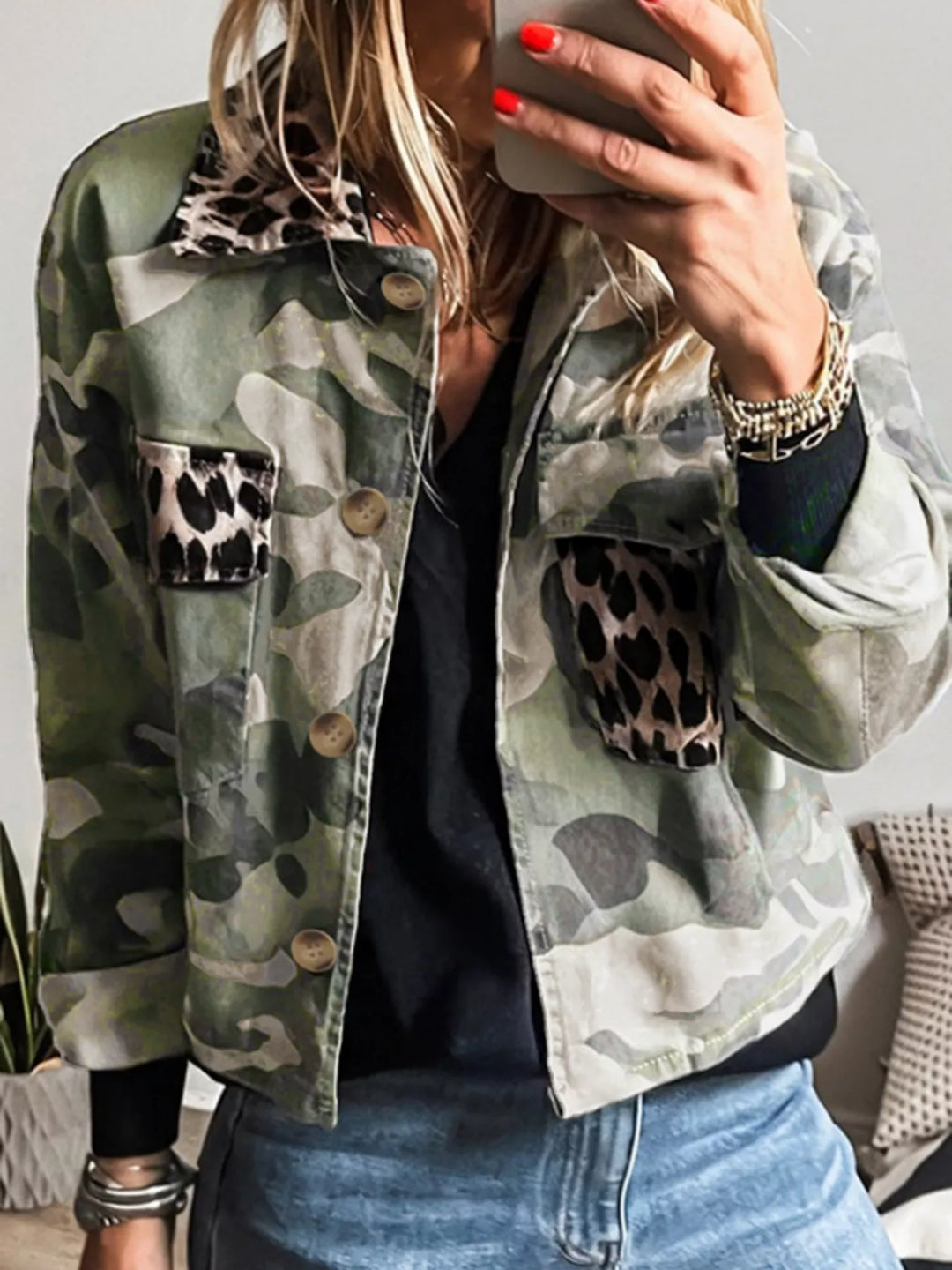 Green Camouflage Camo Print Leopard Trim Button Up Jacket | Jackets Daverri Fashions