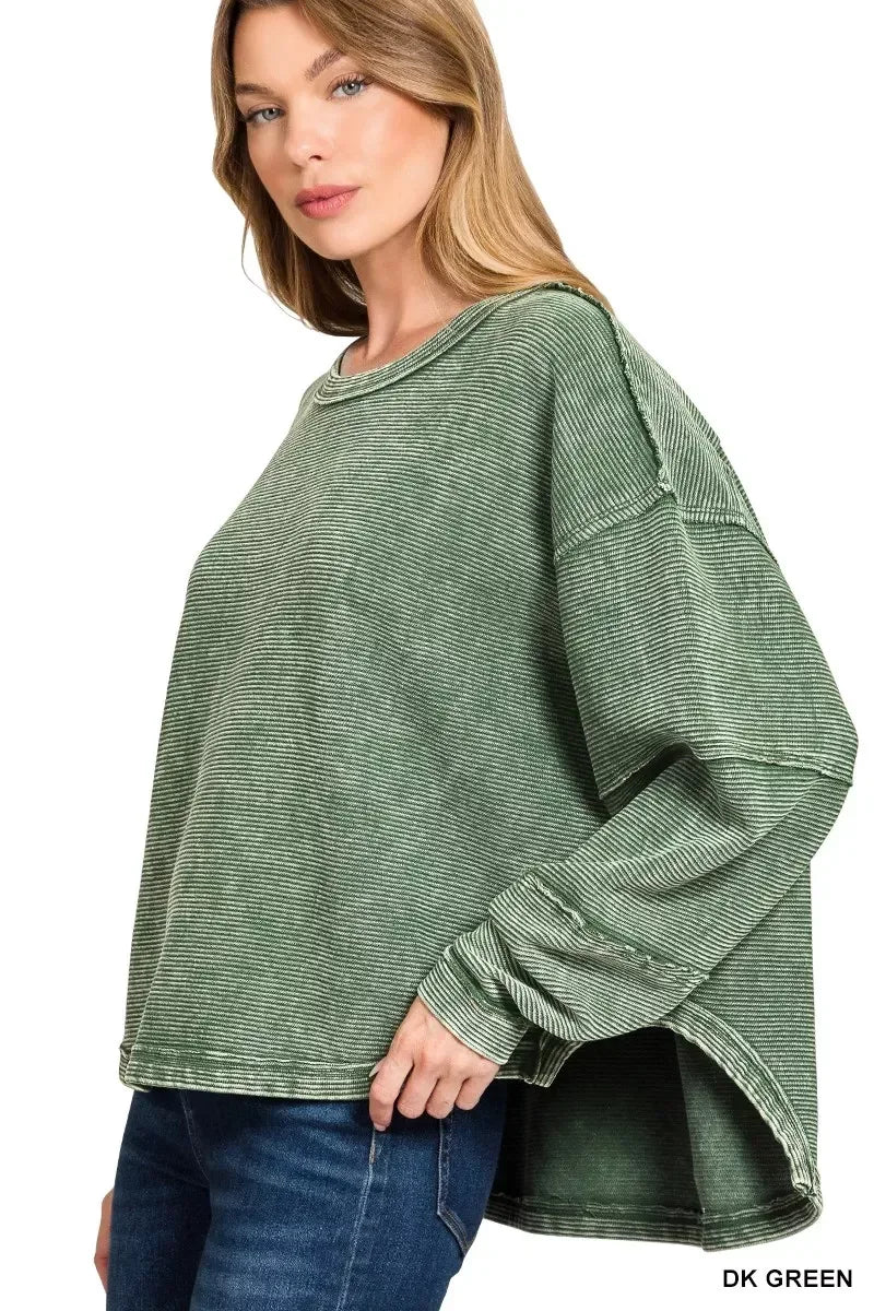 Zenana Acid Washed Exposed-Seam Sweatshirt - DAVERRI FASHIONS
